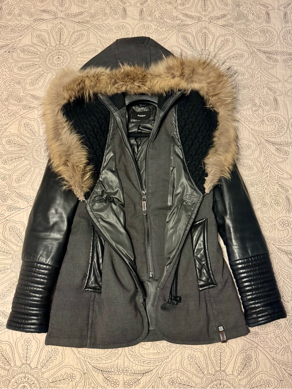 RUDSAK Mixed-Media Hooded Trench with Faux Fur Trim - Black/Brown